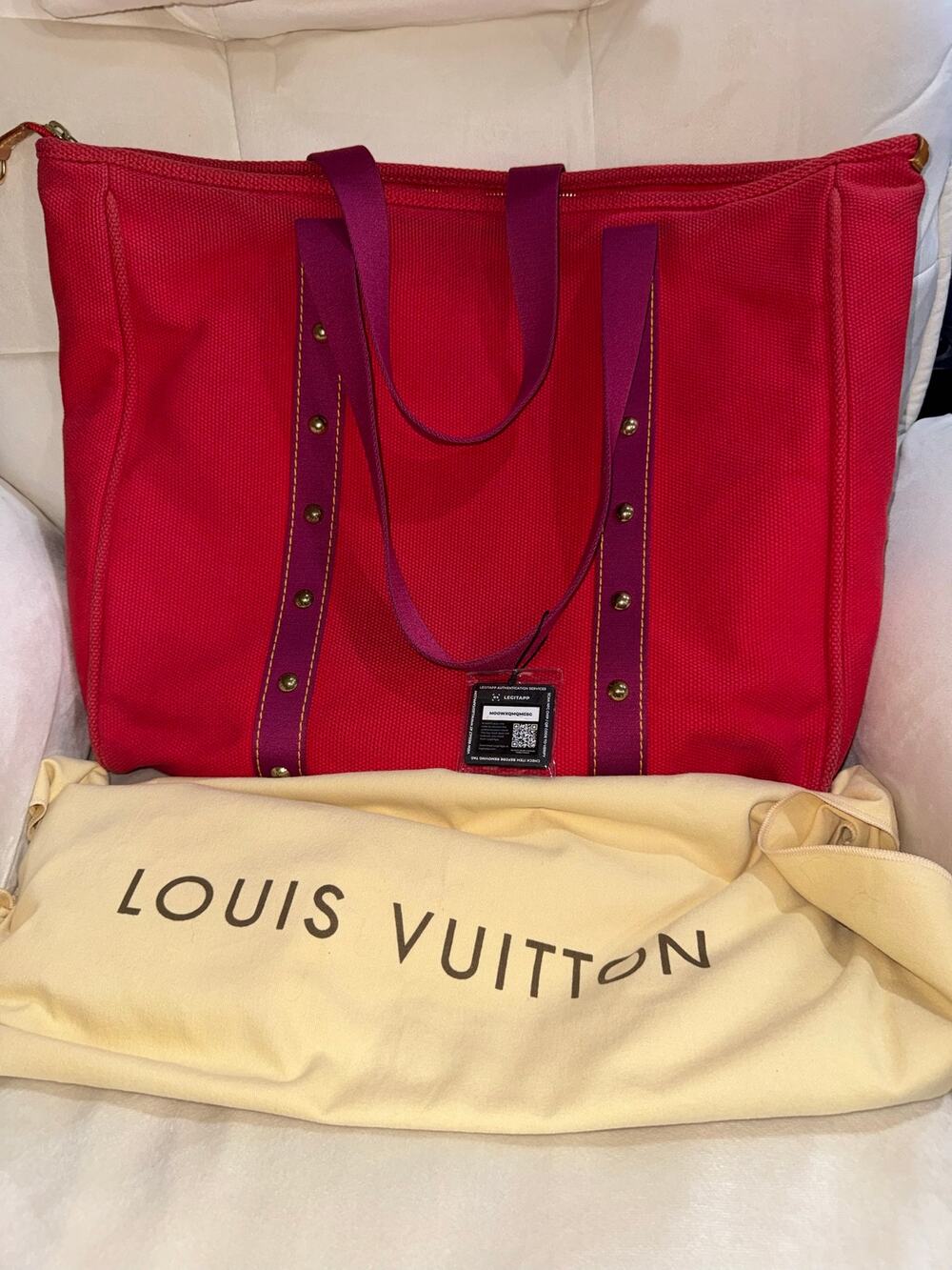 Louis Vuitton Red Antigua Cabas Tote Bag with Purple Trim & Dust Bag